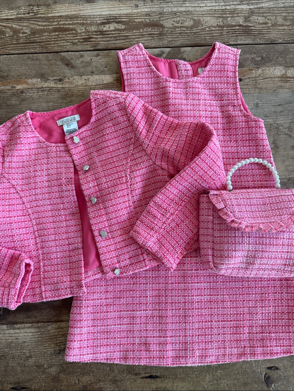 Rachel Zoe Kids Pink Tweed Set with dress, jacket and purse. Girls Size 6